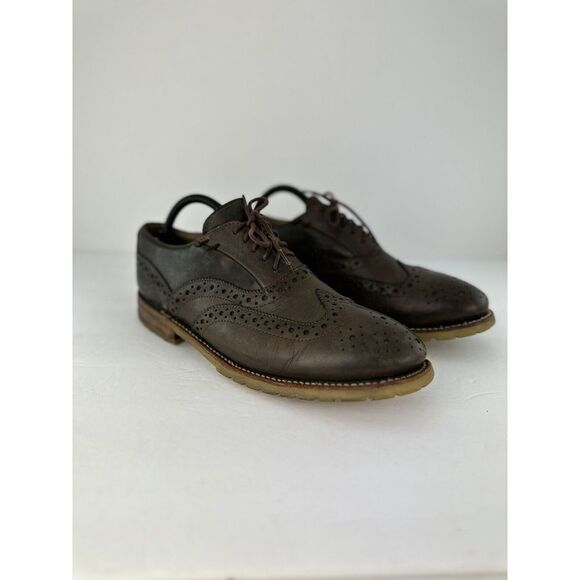 JD FISK Shoes Mens 9.5 Brown Leather Wingtip Brogue‎ Slip Resistant Lug Soles - Picture 1 of 13